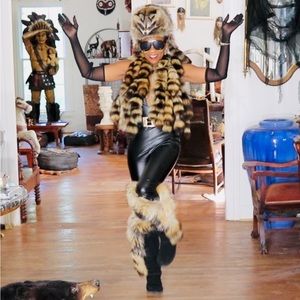 New Custom  Sable brown color Raccoon Fur tails Vest coat jacket + Hat S 0-6